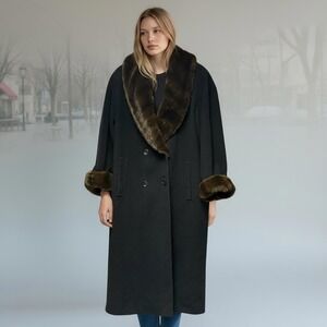 Anne Klein Vintage Black‎ 100% structured Wool Coat with Faux Fur Trim size 10